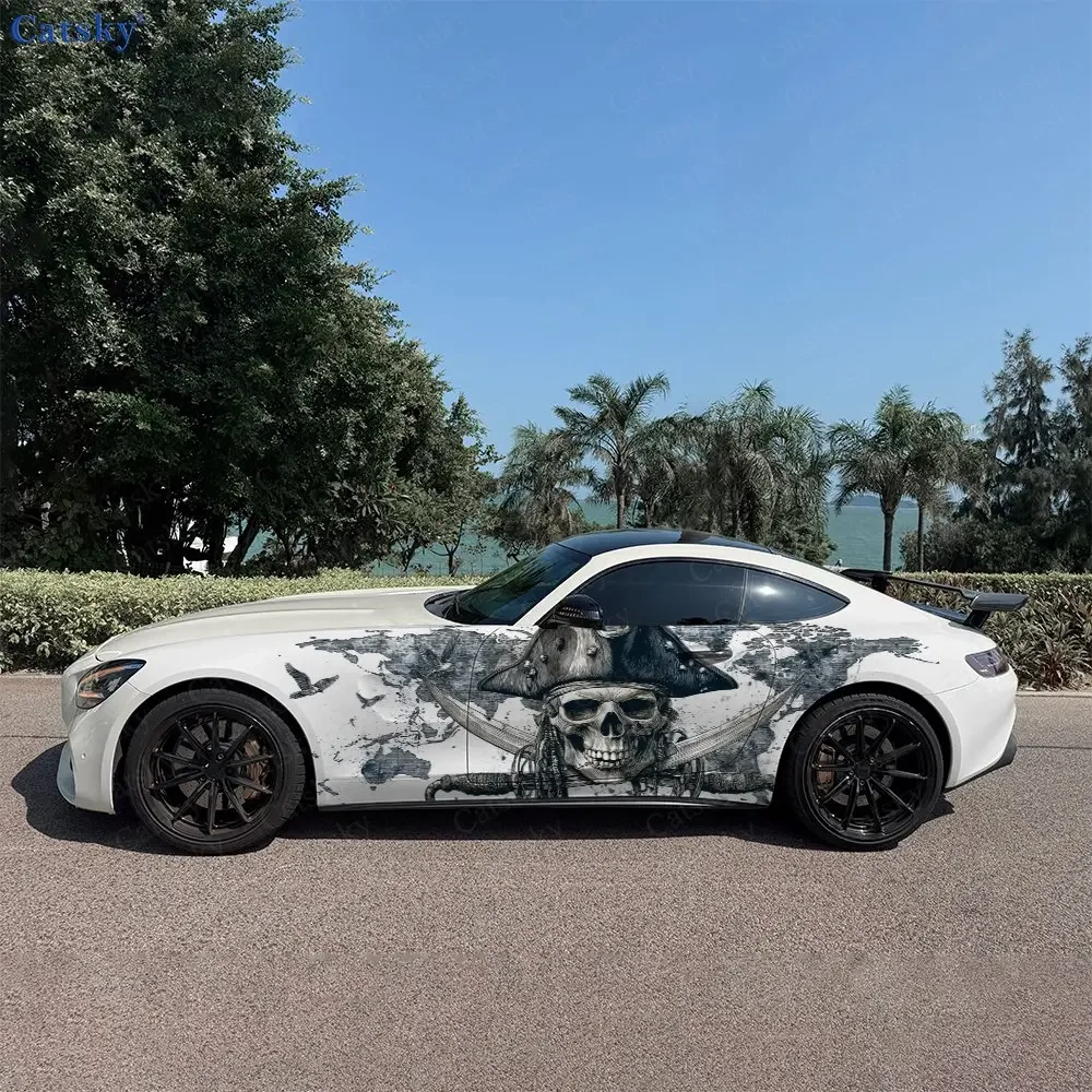 2pcs Hand-drawn Pirate Skull, Durable, Fade-resistant, Enhance Vehicle Aesthetics With Bold Artistic Design Car Vinyl Wraps