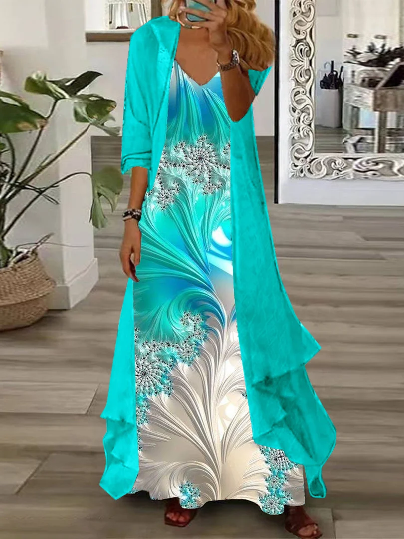 Vestido feminino manga comprida com decote em V, tamanho grande, padrão gradiente estampado, terno de duas peças, elegante, festa, verão