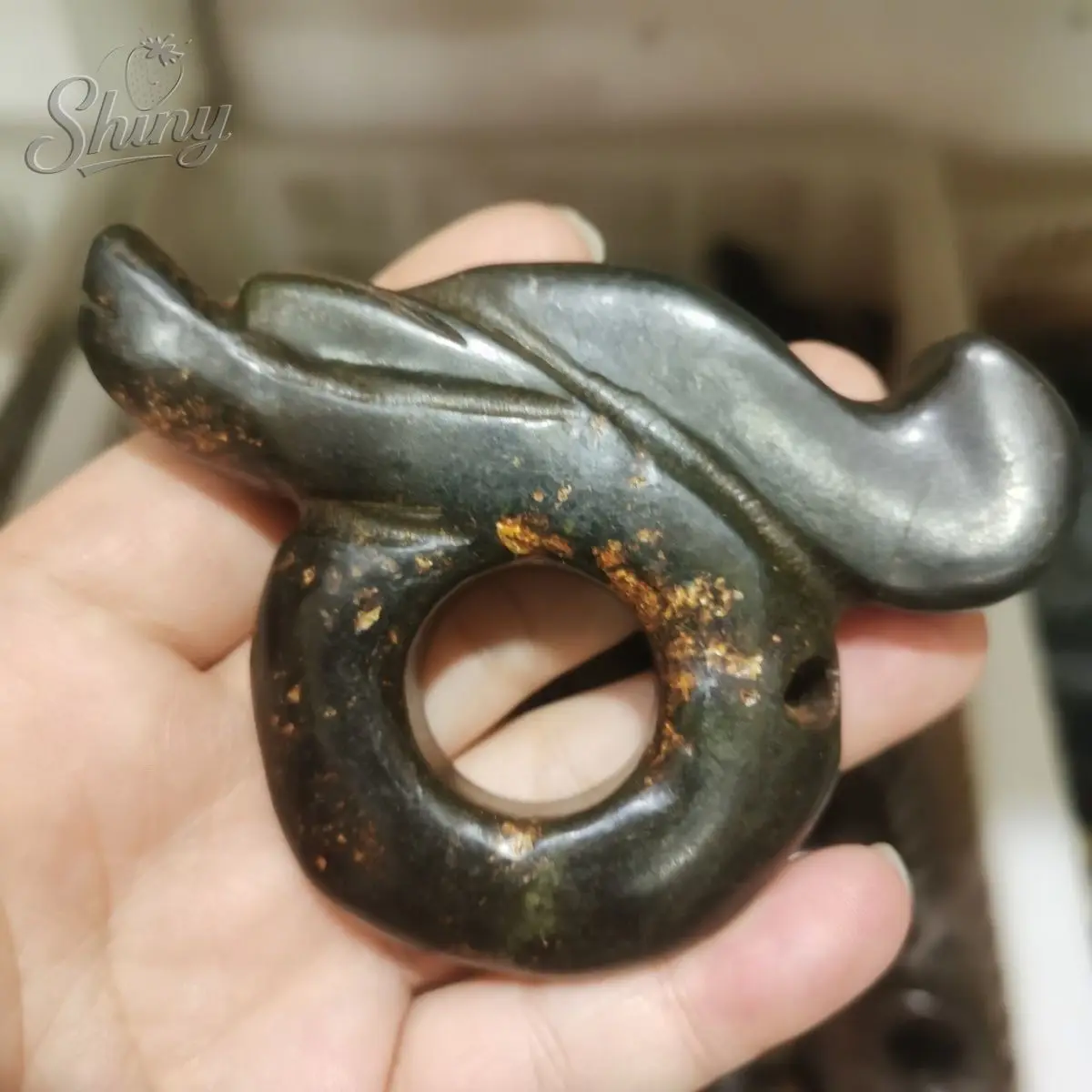 

China Hongshan Culture Jade Pig Dragon Statue Hand Carving Meteorite Iron C Dragon Amulet Sculpture