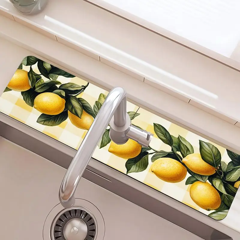 VIKAMA Summer Lemon Leaf Faucet Drying Mat Waterproof Quick Dry Non Slip Sink Tap Pad Kitchen Counter Protector