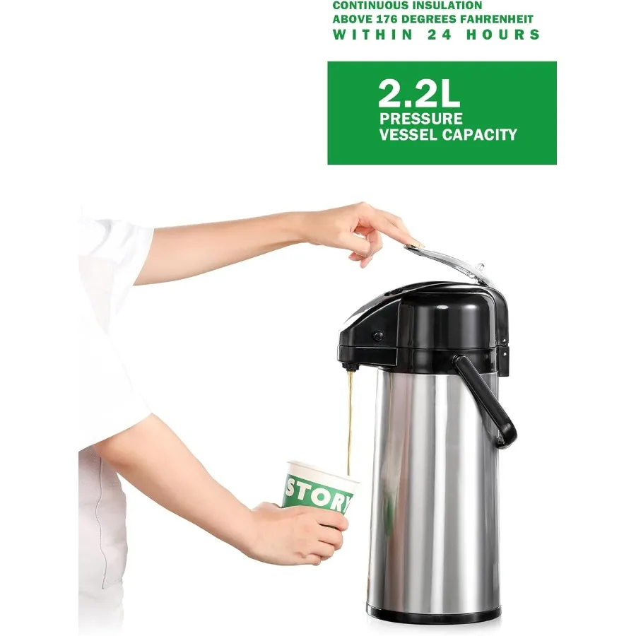 Cafetera de acero inoxidable de grado comercial, 2,2 l, 74 oz, con jarra térmica aislada de 24 horas para cafetería, restaurante, cafetería, 120V