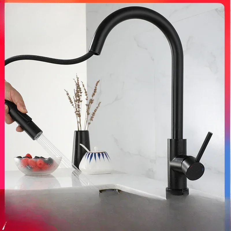 Bathroom Accessories: Black Stainless Steel Sensor Touch Universal Telescopic Pull-out Kitchen Hot and Cold Water Faucet