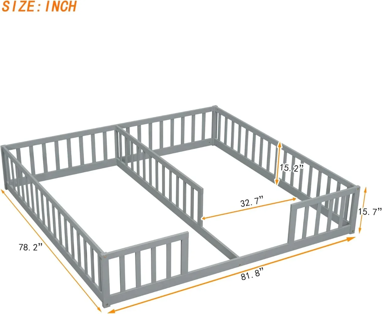 Twin Floor Bed for 2 Kids, Wood Double Floor Beds Frame with Fence, Guardrails Two Shared Beds for Boys Girls Teens