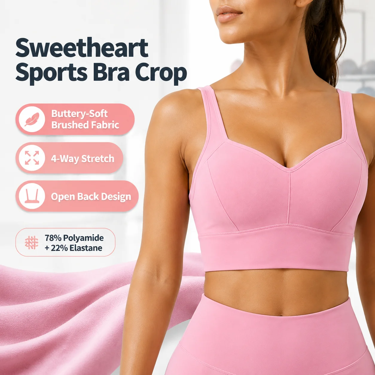 Women's Spaghetti Strap Sweetheart Neck Sports Bra - 4-Way Stretch Seamless Yoga Gym Crop Top, Multiple Colors, S-XL