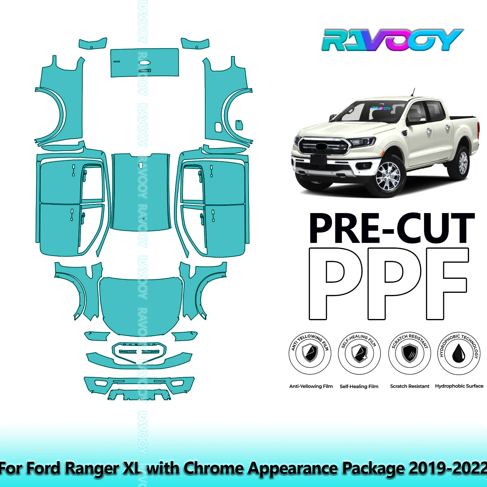

Car Full Vehicle For Ford Ranger XL Chrome Appearance Package 2019-2022 8.5Mil Paint Protection PPF Clear Bra Kit