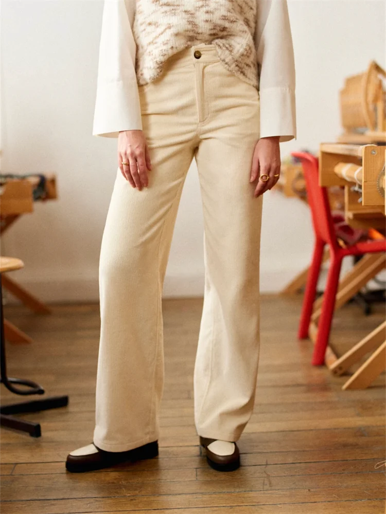 High Waisted Ladies Casual French Trousers 2025 Spring New Women Corduroy Pants with Pockets