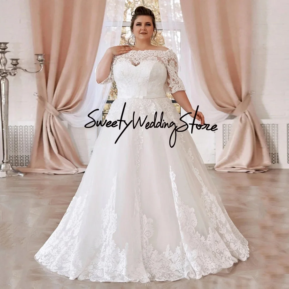 

Classic Plus Size Wedding Dress Custom Half Sleeves Boat Neck Applique Sweep Train Vestido De Noiva A Line Corset Bridal Gown