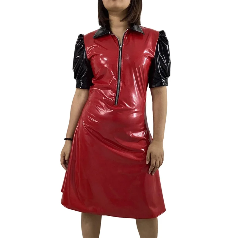 Women Summer Glossy PVC Leather Turn-down Collar Dress Chic Colorblock Short Sleeve Slim Knee-Length Dress Sexy Party Club Dress