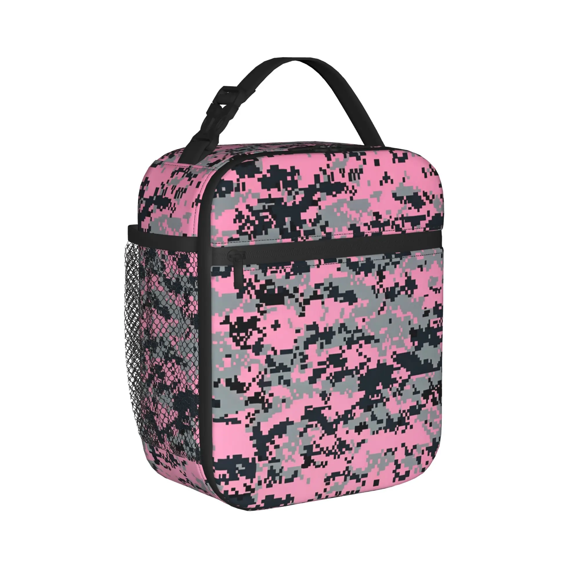 Pink Digital Pixel Camo Lunch Bag For Unisex  Print Office Lunch Box Cute Portable Oxford Cooler Bag