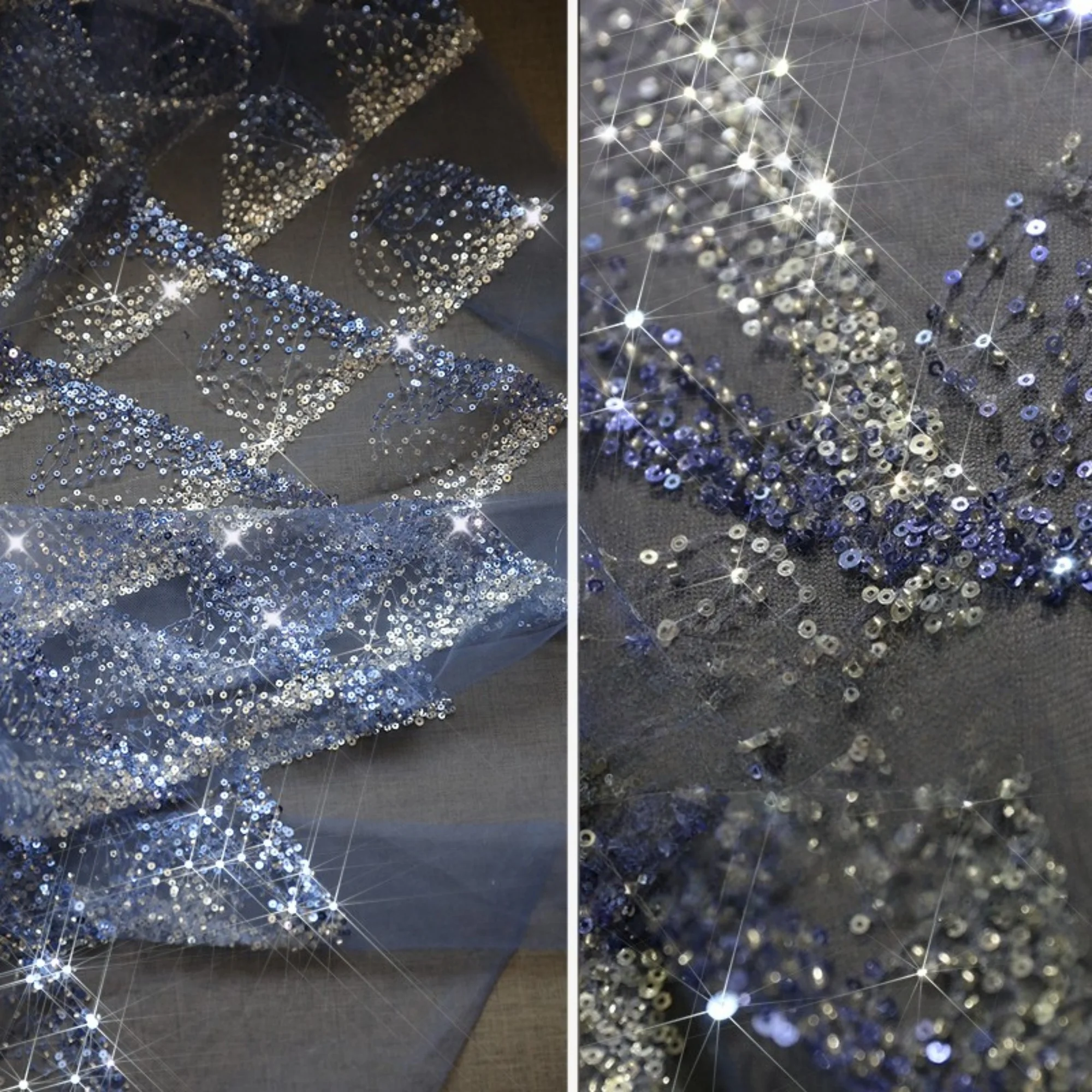 

28cm length , Width 53.15 inches light blue sequin mermaid wedding lace fabric, heavy beaded lace, 3D lace fabric