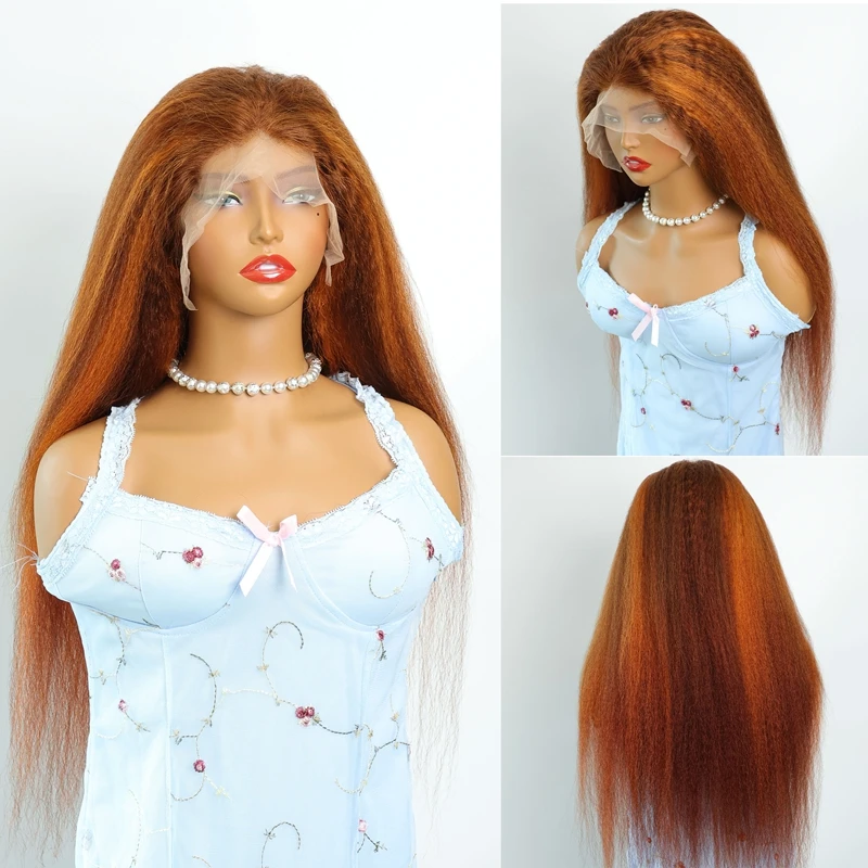 تسليط الضوء على اللون البني والزنجبيل البرتقالي 200% الكثافة غريب مستقيم 13x6 الدانتيل الشفاف خصلات الشعر المستعار الإنسان قبل قطعها عذراء الشعر