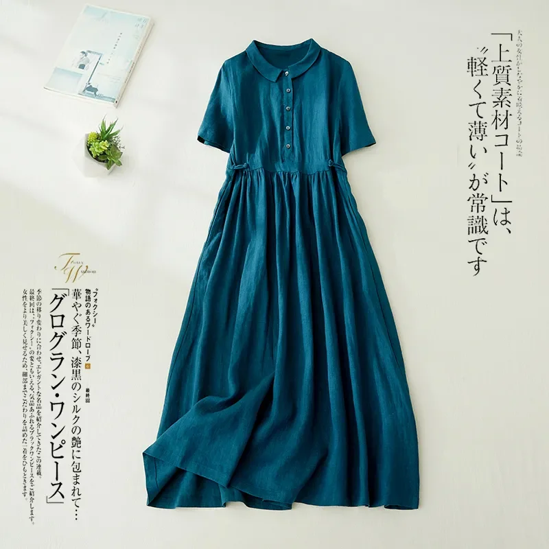 

Teal Blue Cotton Linen Dress with Peter Pan Collar Short Sleeve A Line Loose Fit Summer Women Dress