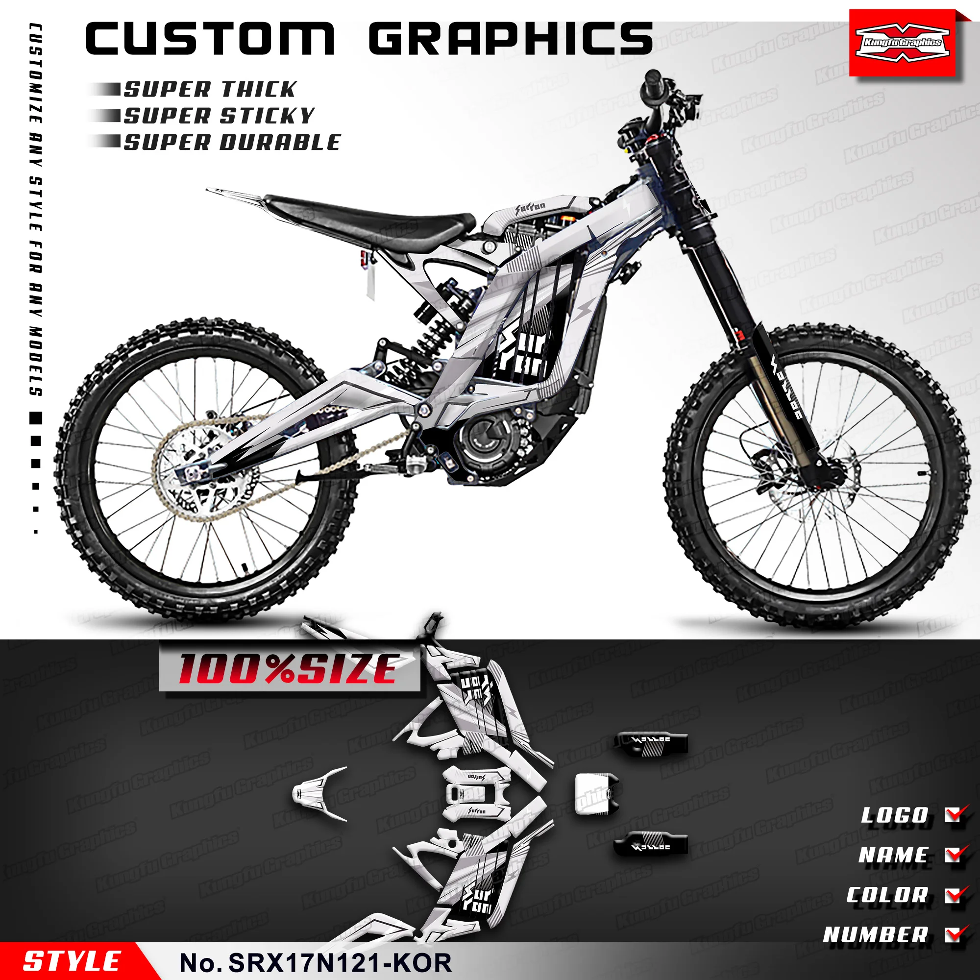 KUNGFU GRAPHICS Graphics Kit Glossy Laminate Stickers for Surron Light Bee X Sur-Ron LBX Electric Dirt Bike, SRX17N121-KOR