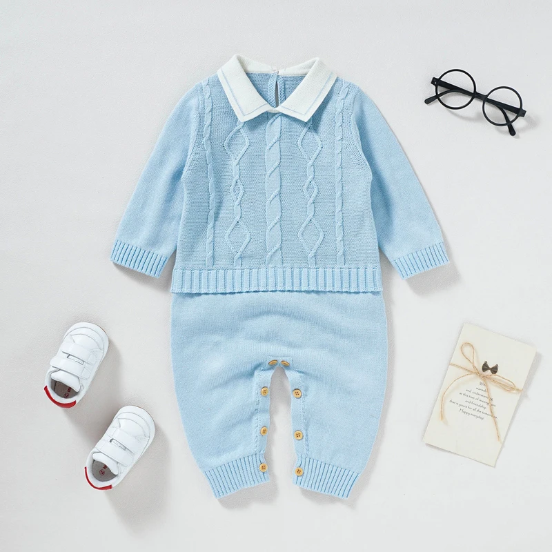 Newborn Baby Romper 100%Cotton Knit Infant Boy Jumpsuit Outfit Solid Toddler Clothing Fashion Turn-down Collar One Piece Overall