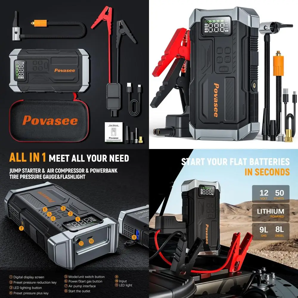 

[НОВАЯ модель 2025] Стартер 5000А с воздушным компрессором, портативный стартер с перемычкой аккумулятора и накачивателем шин 150PSI, 12 В, блок для прыжков с