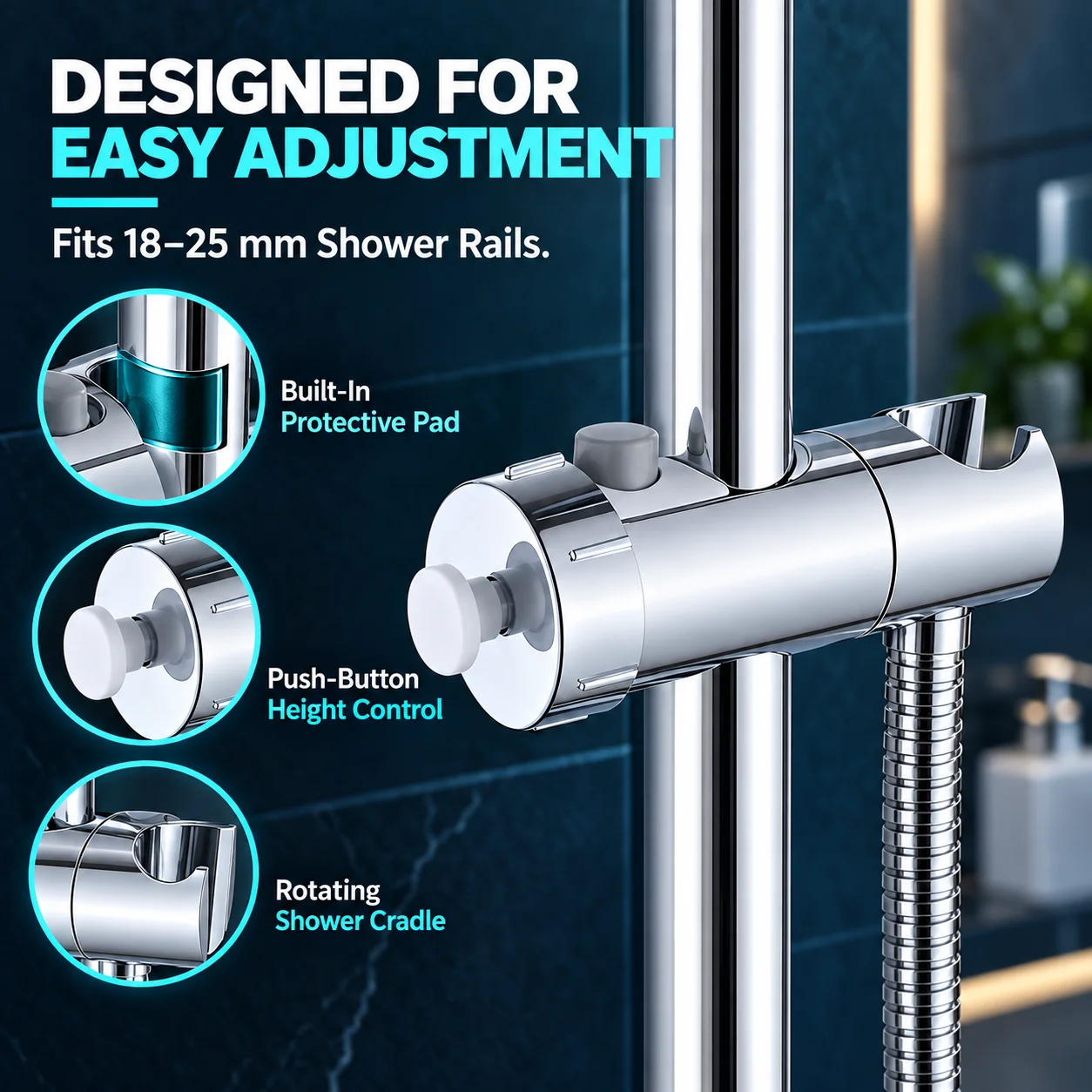  Universal Shower Head Bracket Sliding Sleeve ABS Button Lifting Holder 360° Rotatable Hook Fit 18-25mm Shower Rod