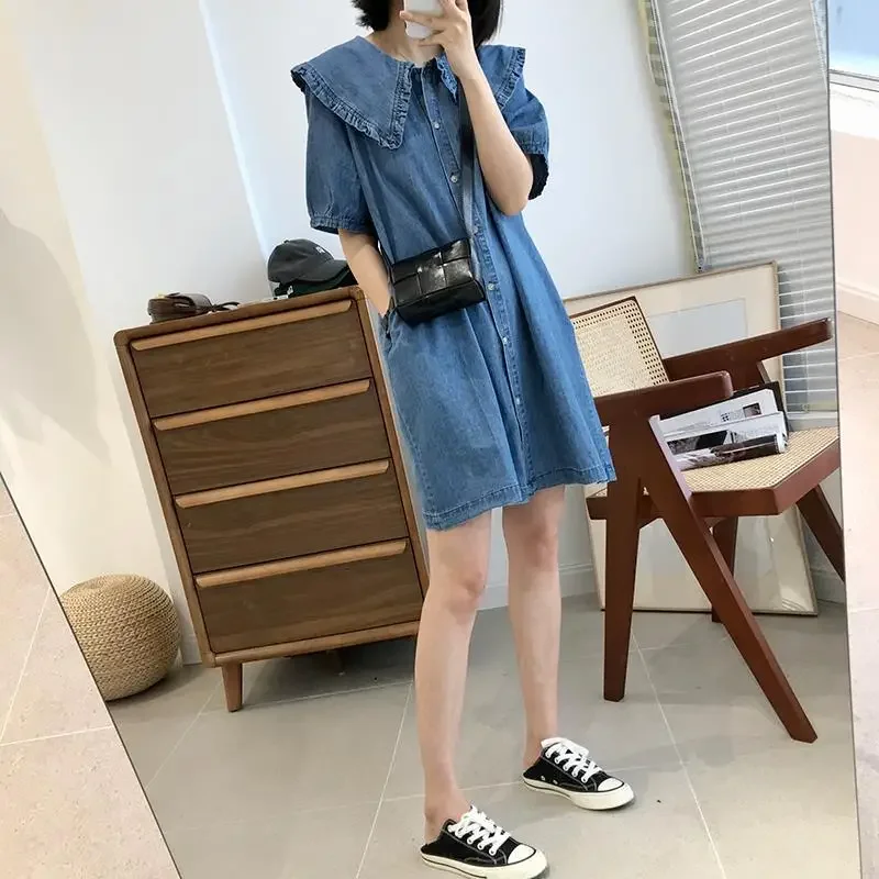 Gaun Denim kerah boneka musim panas dan semi gaya Korea gaun Midi lucu longgar lengan pendek E406