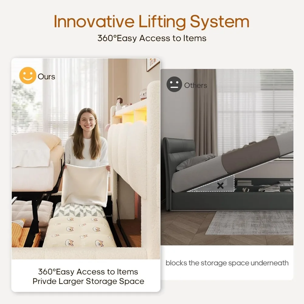 إطار سرير مزدوج للتخزين مع لوح أمامي ومنصة منجدة هيدروليكية وأضواء LED ومحطة شحن باللون البيج #5