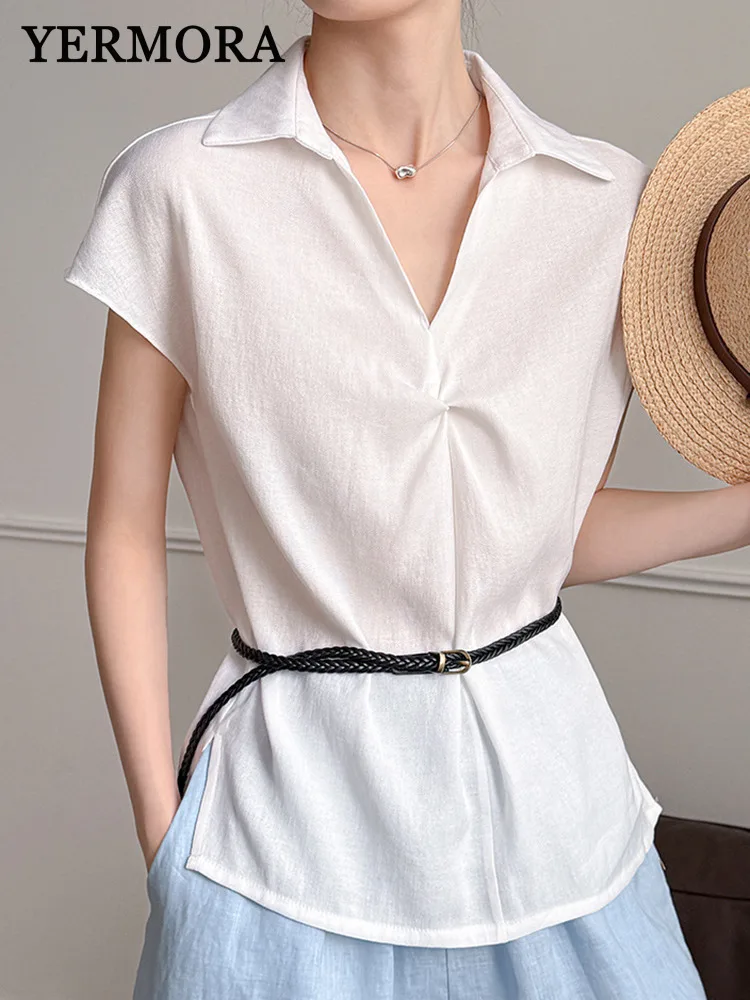 

YERMORA White Belt Brief Casual Thin Blouse For Women Lapel Short Sleeve Loose New Vest Shirt Fashion Tide Spring Summer 2025
