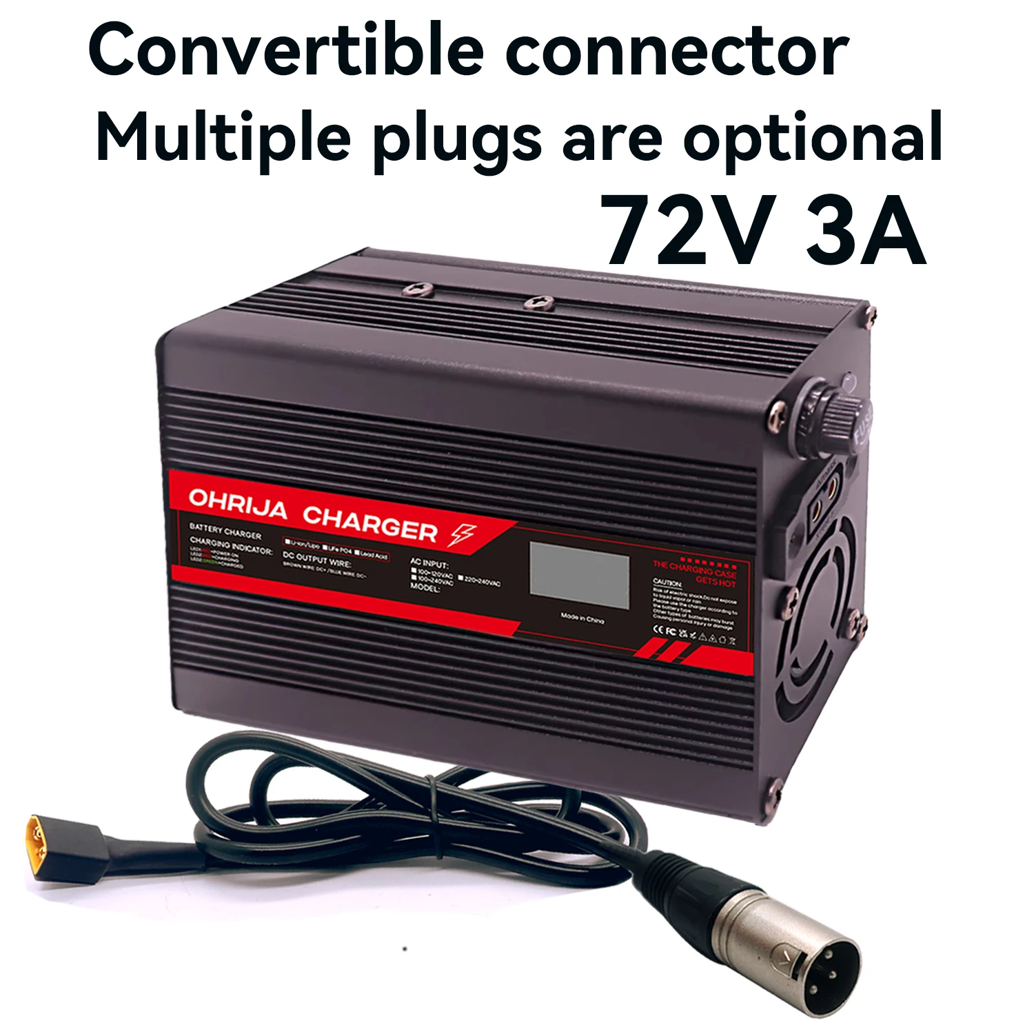 72V 3A Lead Acid Battery LCD Display Charger Quick Aluminum Shell Suitable for 6S Charger Detachable Connector Plug Is Optional
