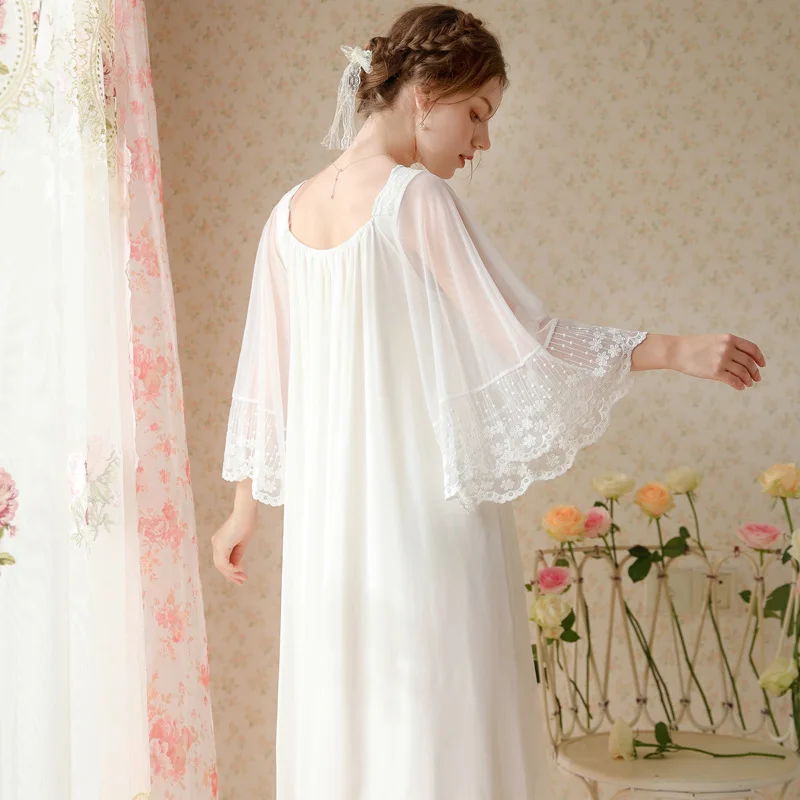 French Sexy Lace Square Collar White Nightdress Princess Vintage Embroidery Flare Sleeves Long Nightgowns Mid-Calf Modal Nightie