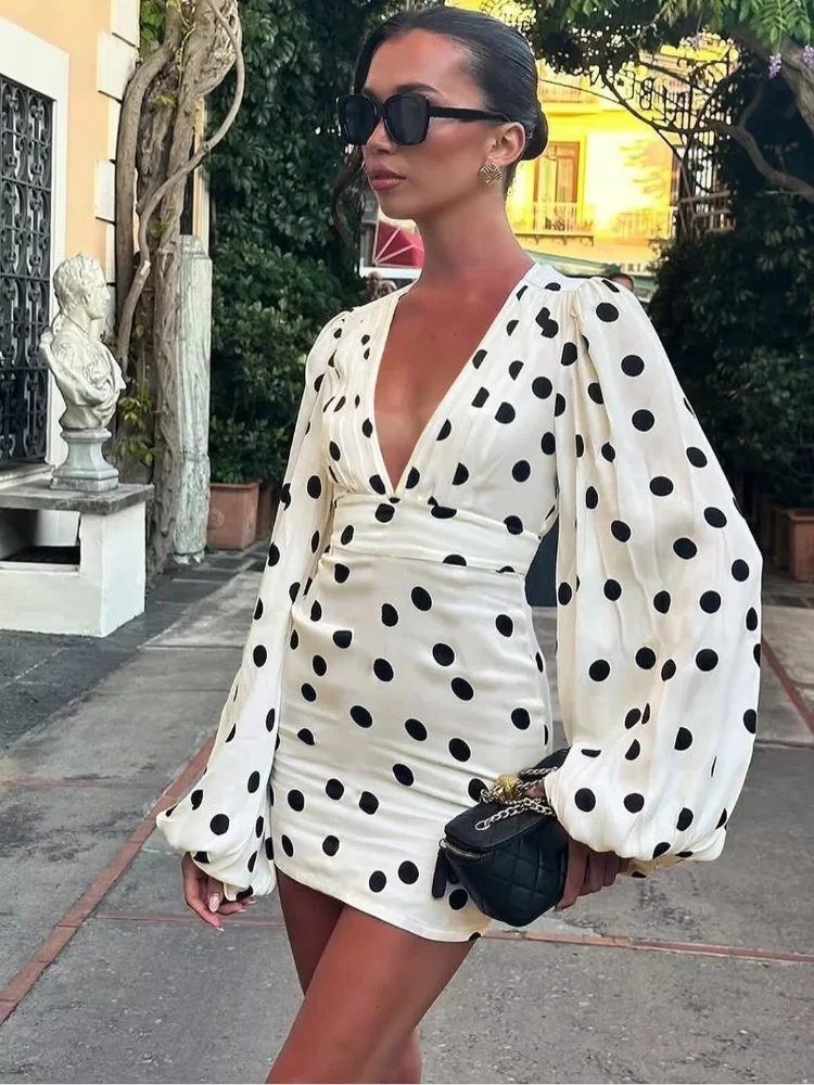 

Women Chic Polka Dot Waist Cinching Mini Dress Sexy V-neck Full Lantern Sleeves Bodycon Dresses 2026 Lady Vacation Street Gowns