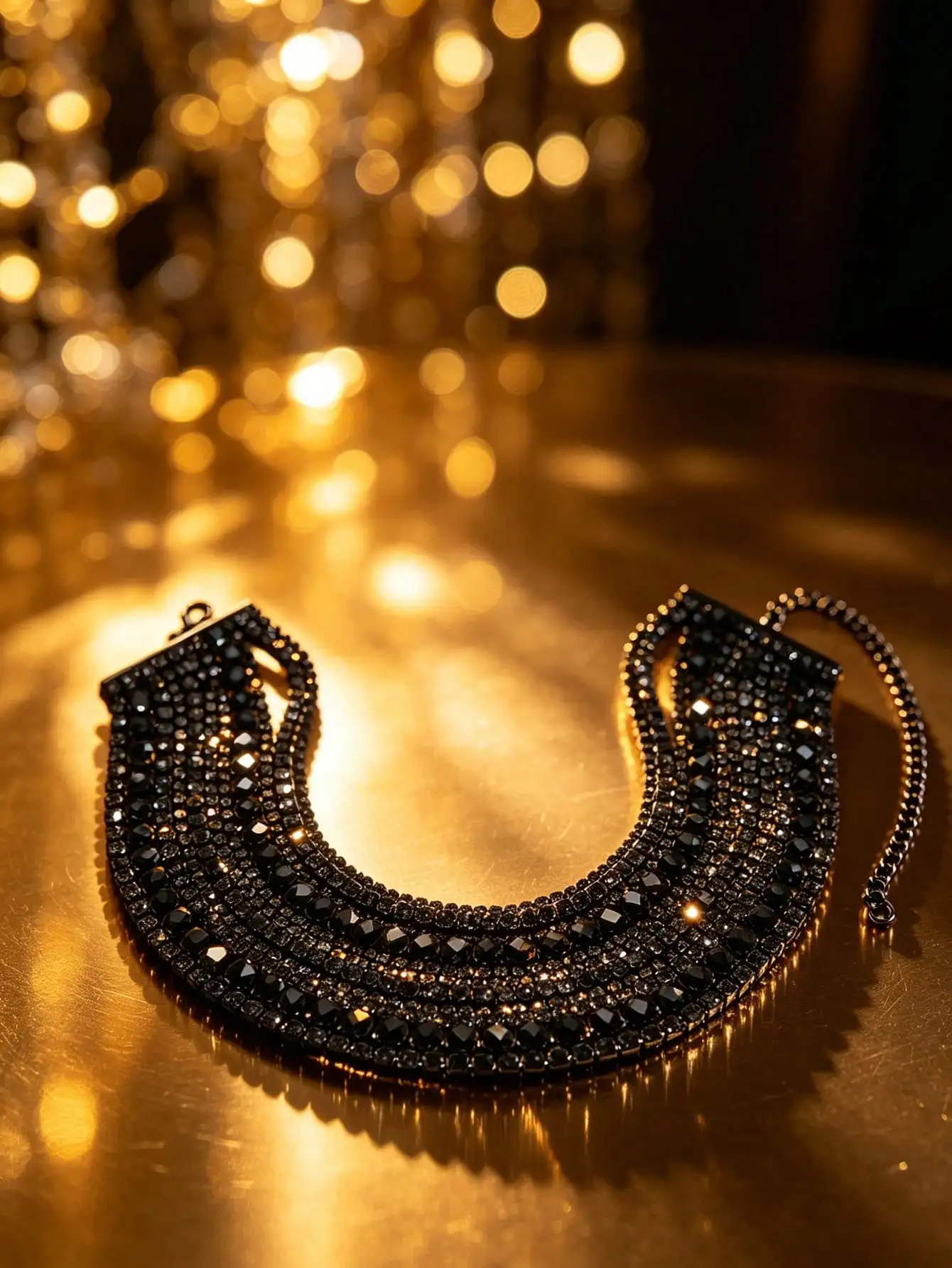 Schwarze Strass-Mehrschicht-Halskette im Gun-Tone-Stil, Statement-Kragen für Damen, Party-, Abschlussball- und Nachtclub-Outfits – Detail 4
