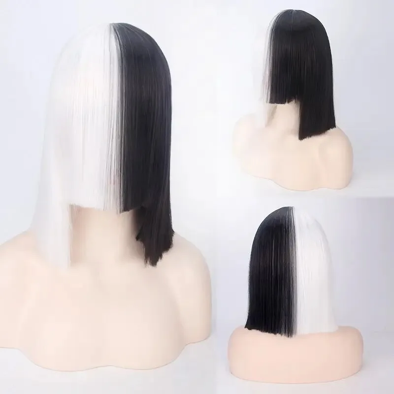 Esto está actuando SIA Anime Cosplay peluca pelo sintético mujeres recta Halloween medio Rubio negro corto Bob pelucas con flequillo 35 cm x; 2