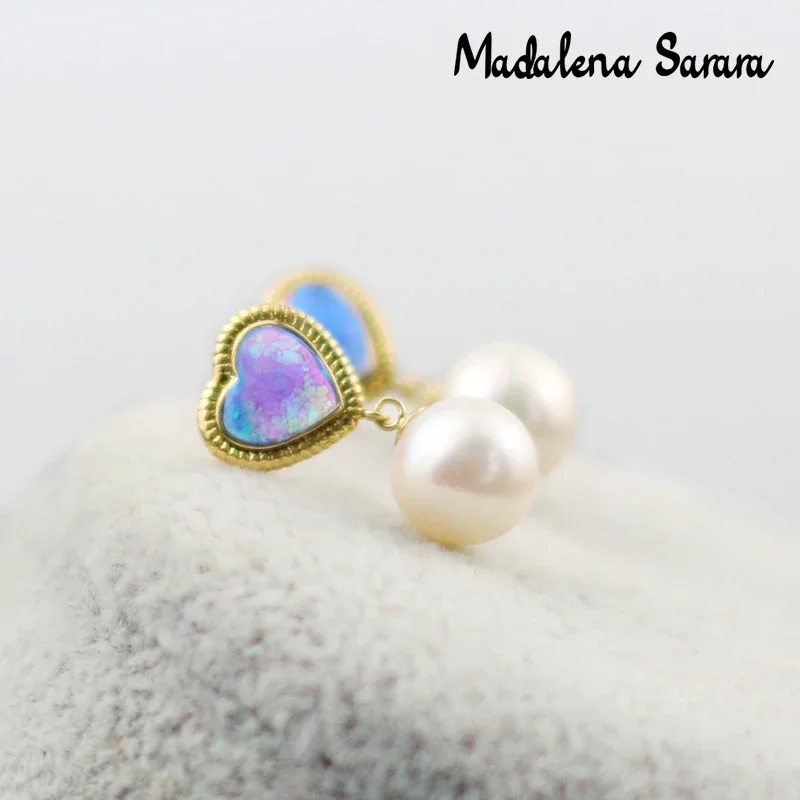 MADALENA SARARA 8-9mm Freshwater Pearl Women Earrings 18K Gold Heart Style Natural Color Opal Stone Earrings