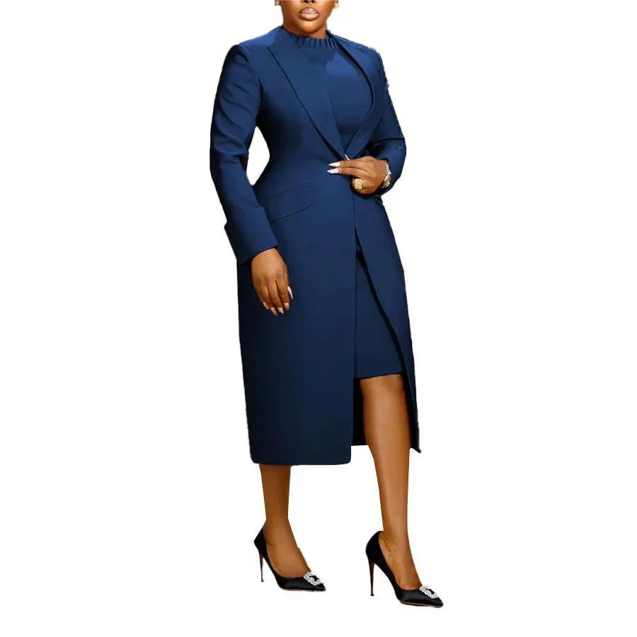 Women Two Piece Outfit Long Open Front Coat Long Sleeve Round Neck Midi Dress Elegant Formal Office Business Matching Suit