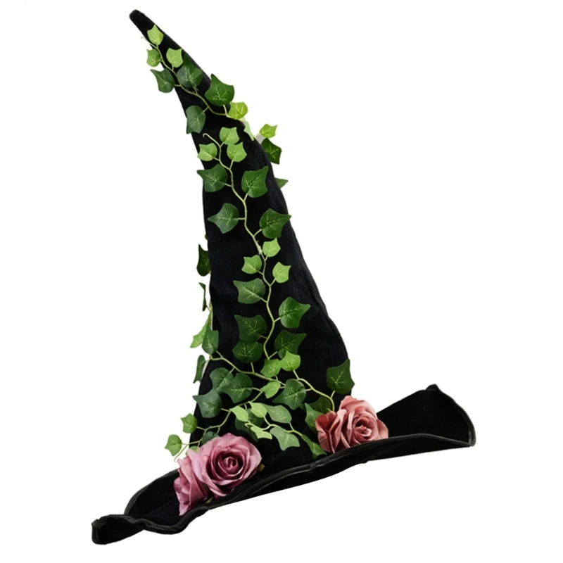 Witch Hat Costume for Women Men Teenagers for Halloween Party Flower Foliage K3KF