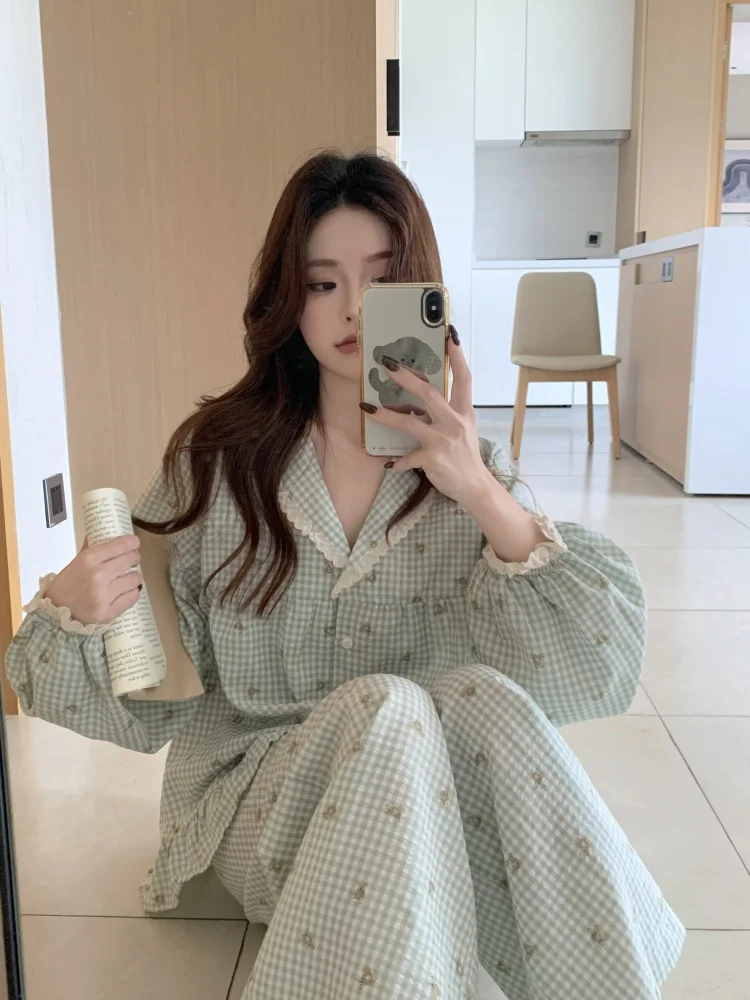 

bear print plaid autumn pajamas set women kawaii single breasted blouse + trousers cotton casual loose two piece home suit green