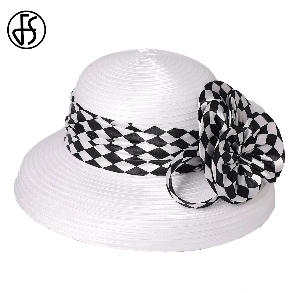 FS Luxury Black White Plaid Flower Bowler Hat For Women Wide Brim Tea Party Fascinator Hats Formal Wedding Cap Sombreros Mujer