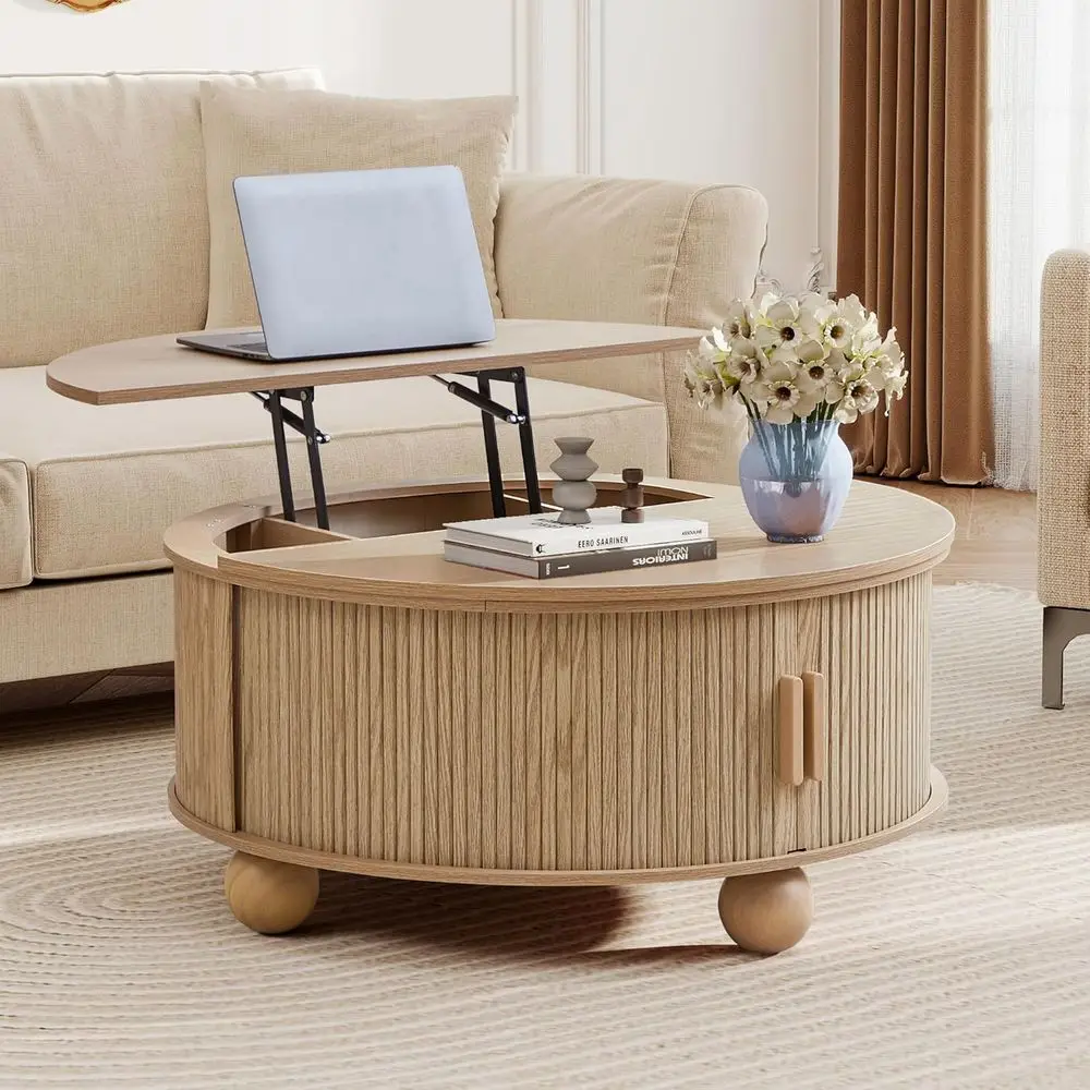 

33.5" Lit-Top Coee Table with Storage, armhouse Wood Round ulted Coee Table with Sliding Door & Ball Legs or Lving Room, Center