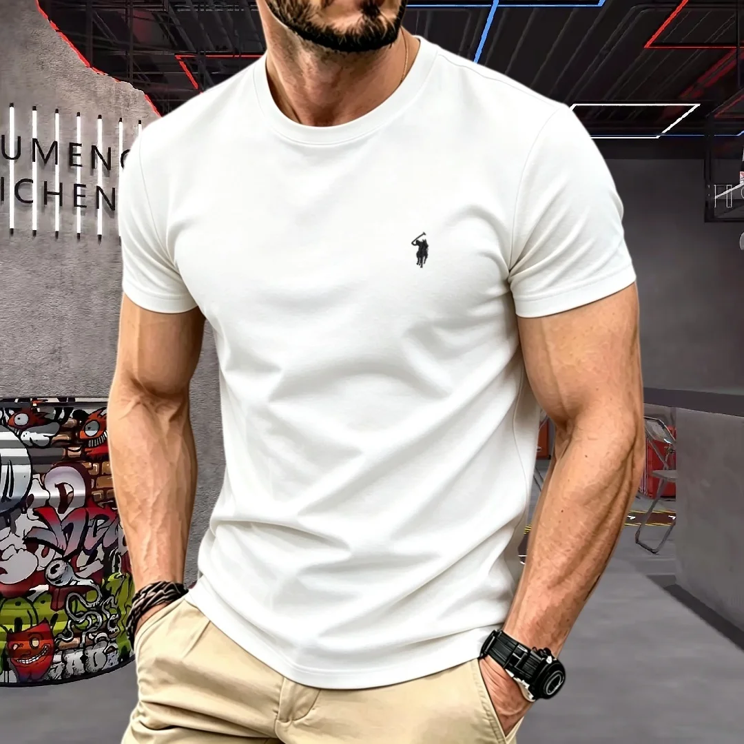 Hochwertiges, kurzärmeliges Herren-Rundhalsoberteil aus Eisseide, Sommermode, Spurs-Stickerei-Design, kühl, atmungsaktiv, lässiges Paul-T-Shirt