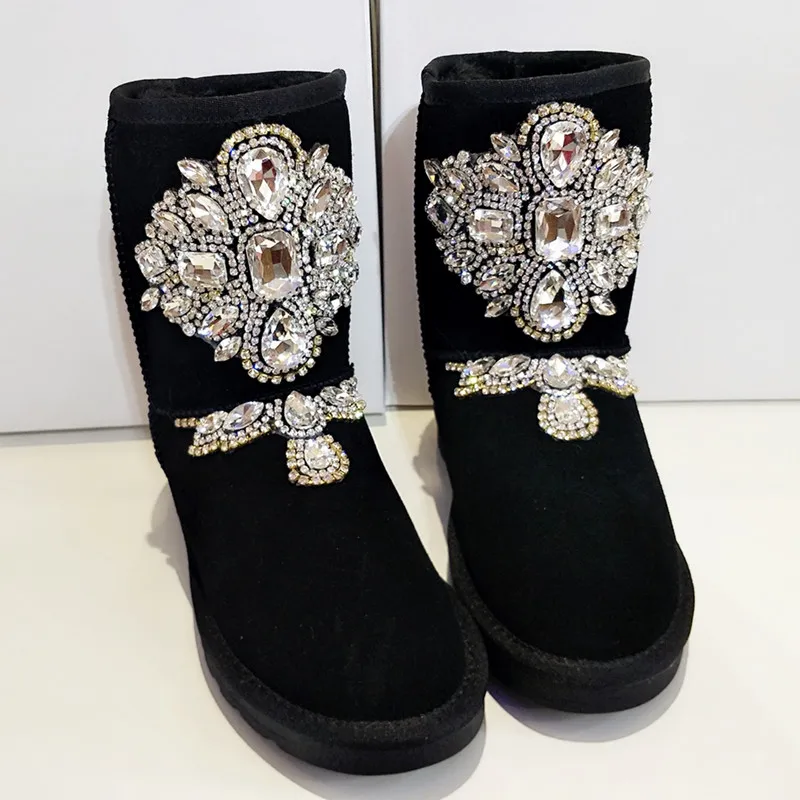 Fashion Cow Genuine Leather Women Casual Winter Snow Boots Ladies Luxury Diamond Warm Plush Wool Fur Lined Shoes Waterproof