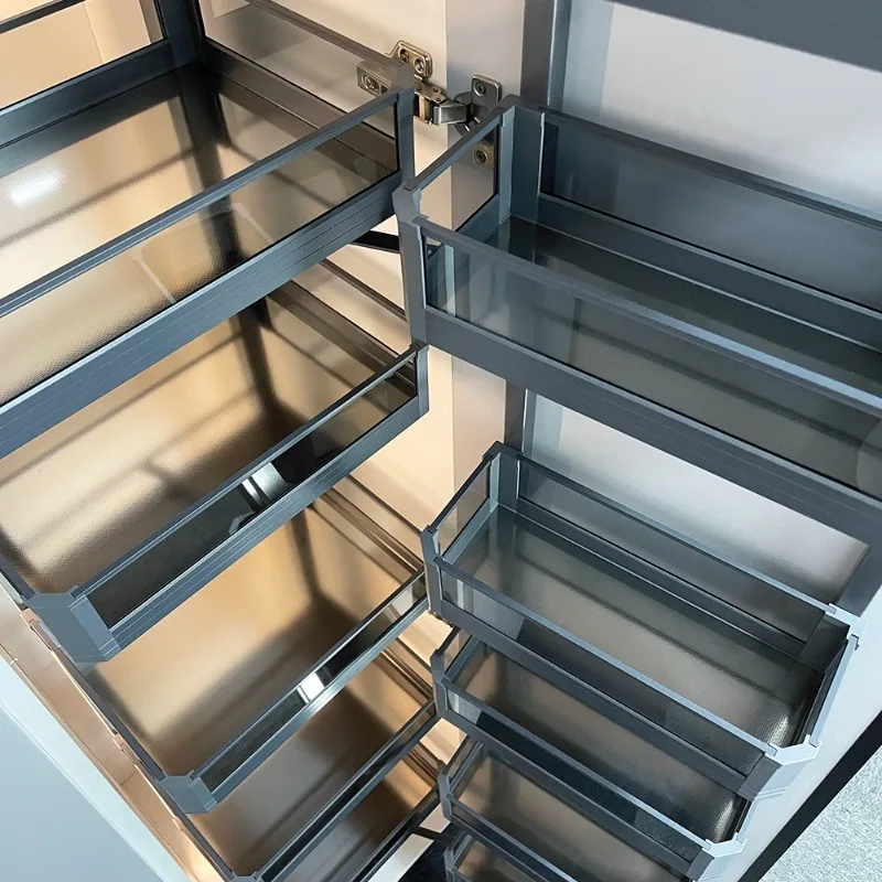 Modern Design 600mm Pull-out Pantry Storage High Unit Glass and Aluminum Kitchen Cabinet Accessories