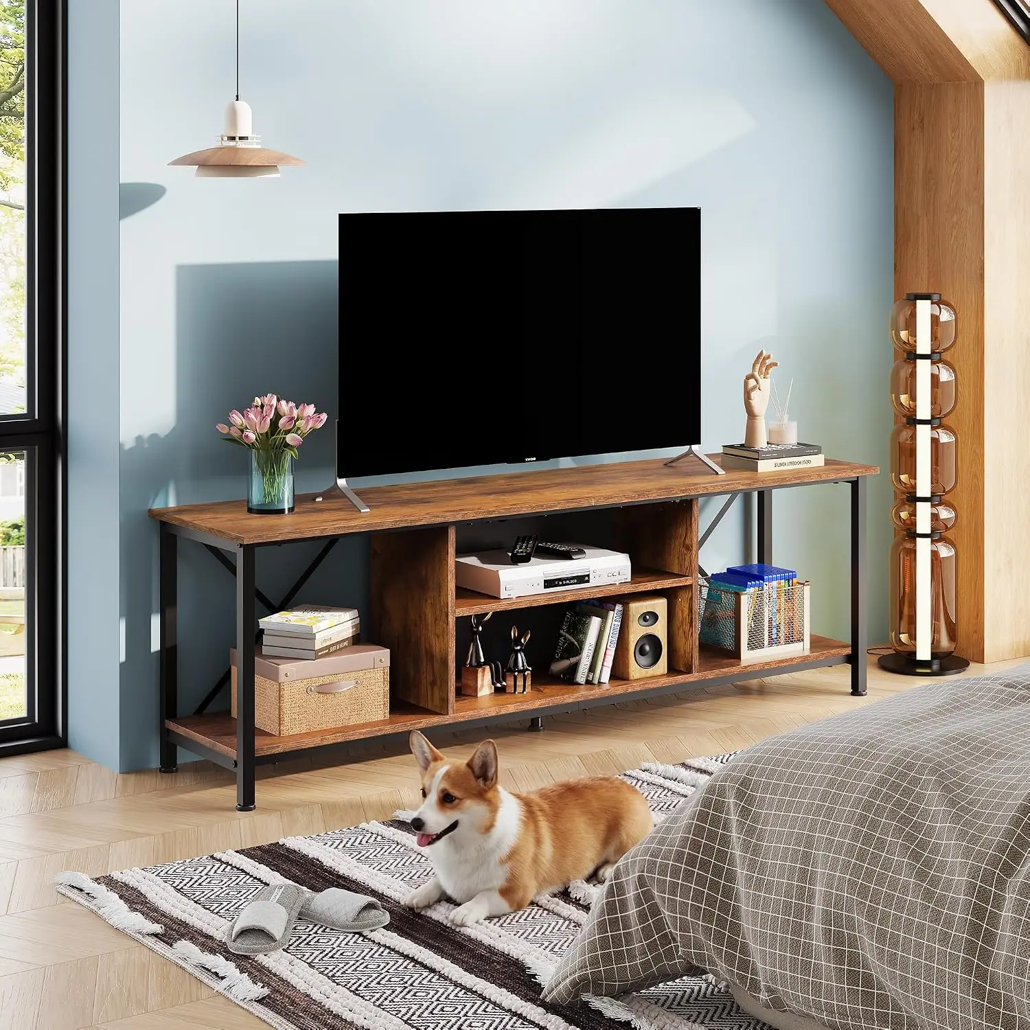 Industrial TV Stand for 70 Inch TV, Heavy Metal Frame Media Console with Adjustable Shelves & Cable Management, Living Room Stor