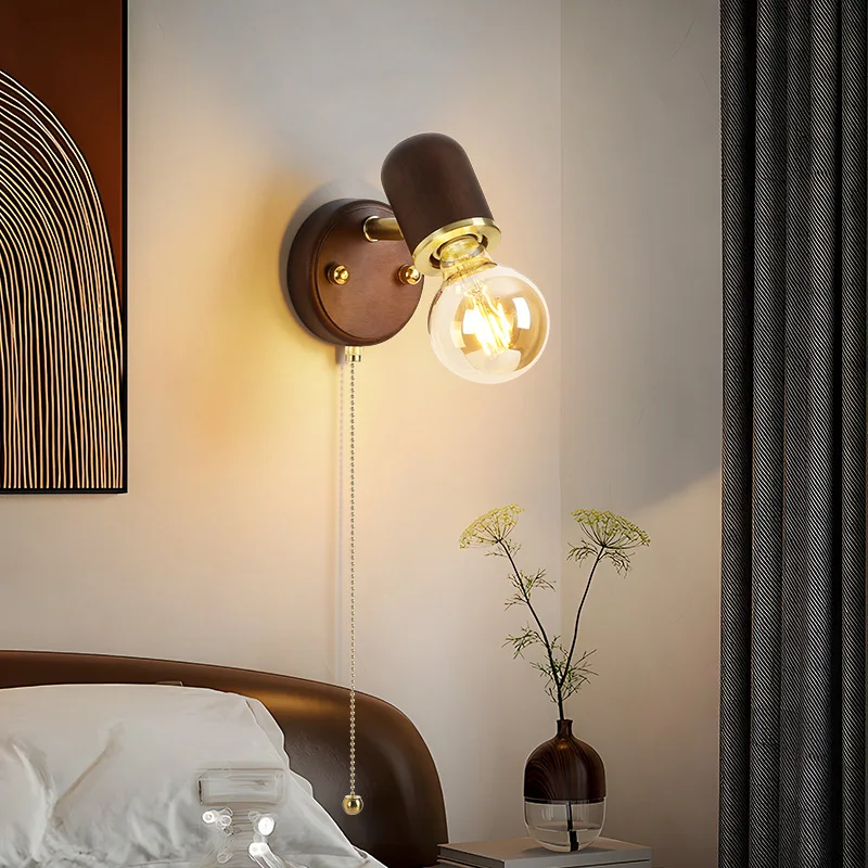 

SANDYHA Japanese Retro Wooden Wall Lamp Glass Bulb Bedroom Bedside LED Light for Living Room Decoration Indoor Lighting Fixtures
