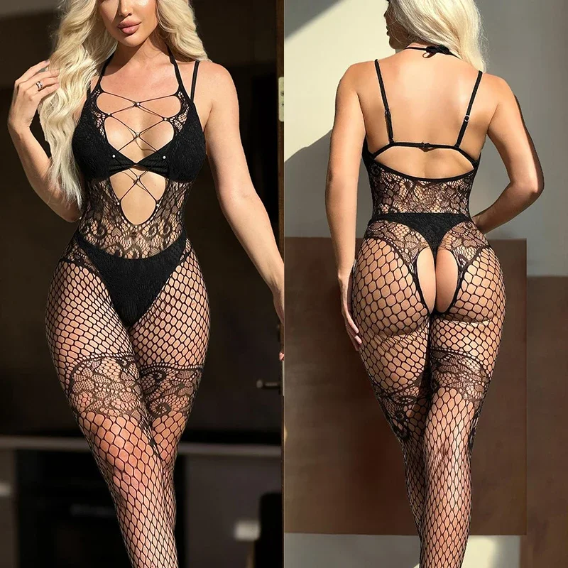 

Bodysuit Hollow out pearl flower temptation tight mesh jumpsuit erotic lingerie woman clothing sexy femme women kinky outfits