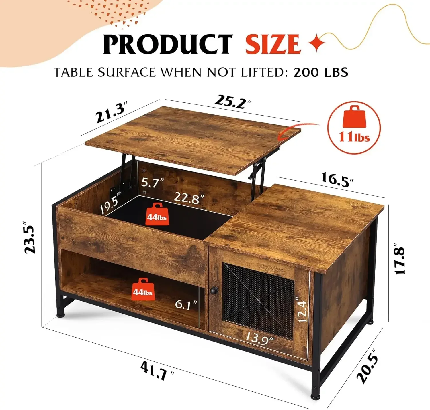 Coffee Table, 41.7" Lift Top Coffee Table with Hidden Compartment and Storage Cabinet, Wood Center Table , Rustic Brown