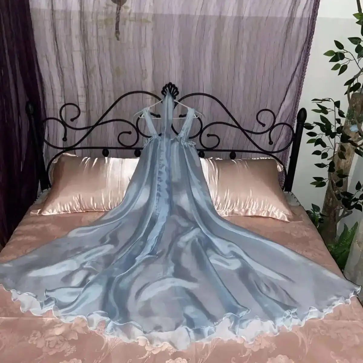 Glossy See Through Ultra Thin Women Satin Sleeveless Long dress Loose Ruffles Dress Sleeping Robe