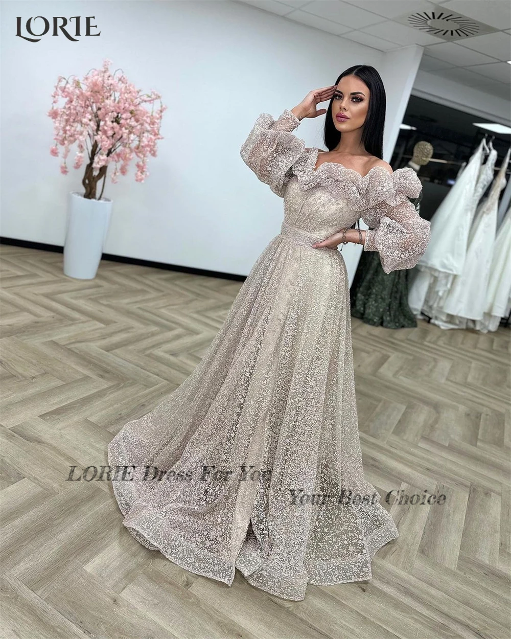 LORIE Elegant Formal Evening Dresses Ruched Off Shoulder A-Line Puff Sleeves Prom Dress Backless Pageant Wedding Party Gowns