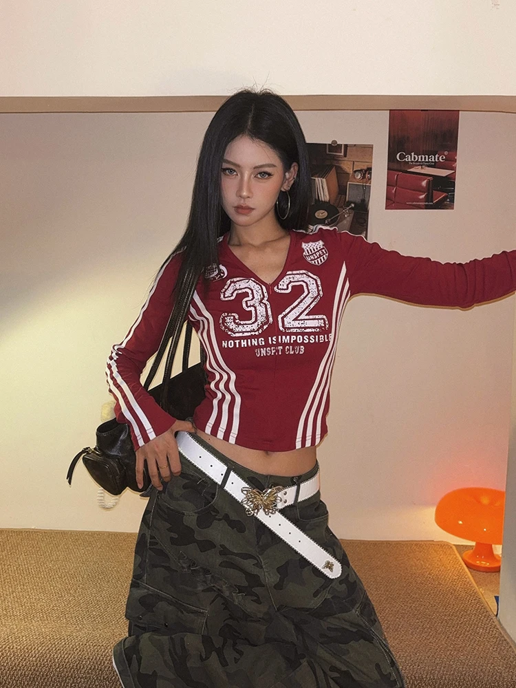 

Футболка DoubleD American Sle Long Sve V-Ne, женская облегающая базовая футболка с красным принтом в стиле ретро, повседневный хлопковый топ