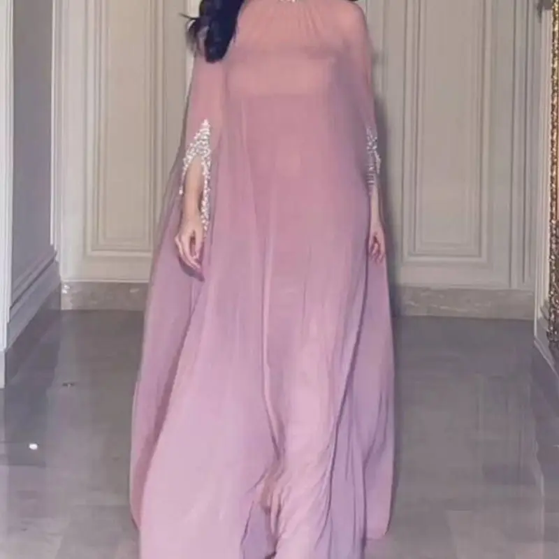 Ele Long Sve High Waist Sexy awl Beaded Chiffon Birthday Evening Gown Two Piece Set for Women Adult Ceremony