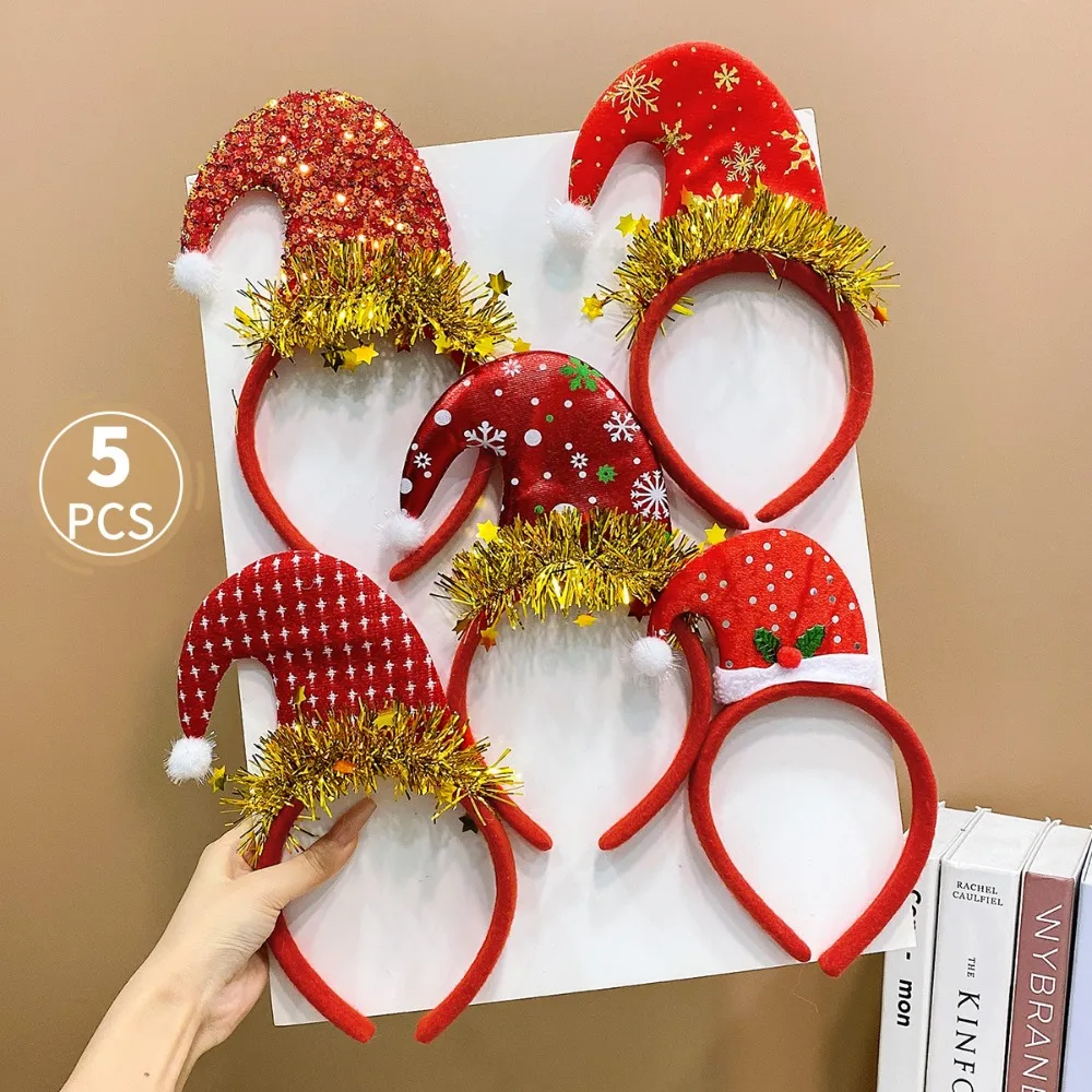

5PCS Elk Antler 2025 Headband Santa's Hat Snowman Christmas Hair Hoop Photographic Headwear Headdress New Year Hairband
