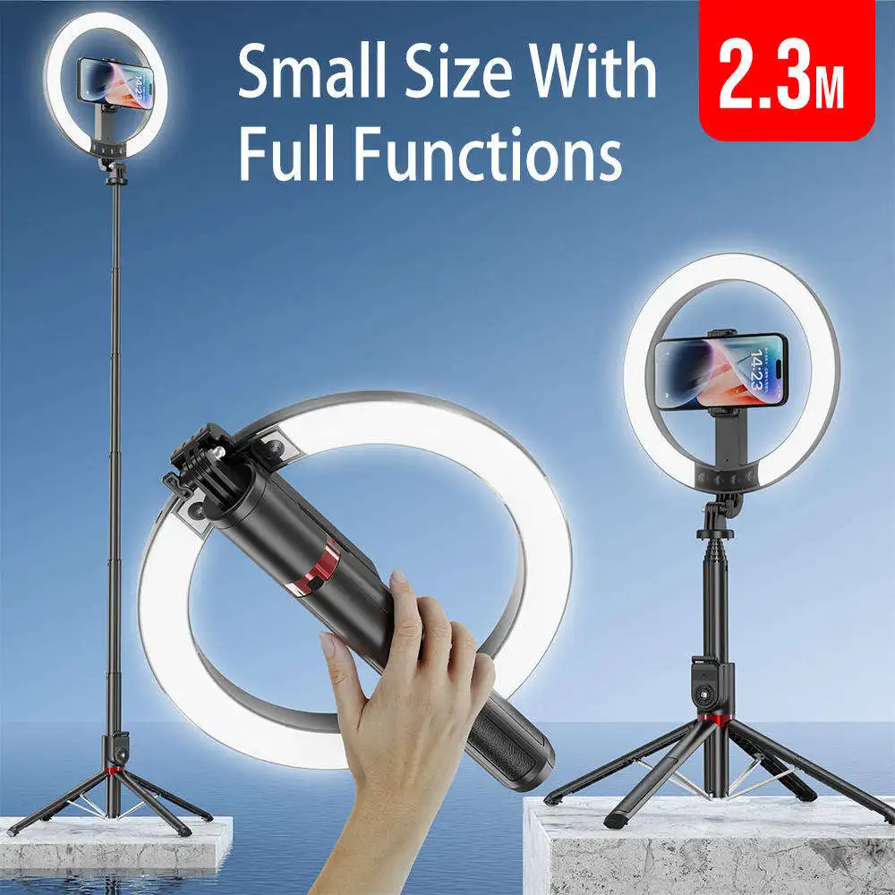 2.3M Selfie Stick Tripod with Ring Light 10 Inch Dimmable Ring Light with Bluetooth Remote for Live Stream Makeup Video Shoot