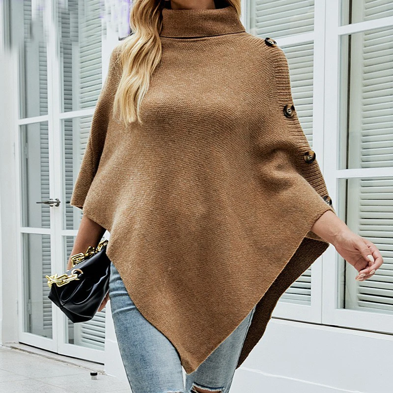 

Faionable High Collar Open Front Knitwear with Button Loose Batwing Sve Cape Sle Sweater for Women Autumn Winter Stree...