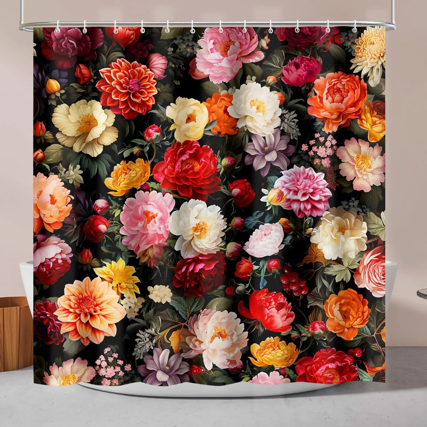

Черная занавеска для душа с цветочным принтом, весна-лето, красочные цветы, занавеска для душа для ванной комнаты, комплект водонепроницаемых тканевых занавесок для душа