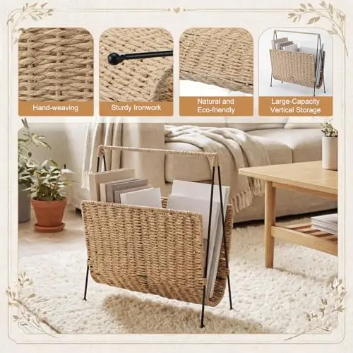 

Eco-Friendly Handwoven Seagrass Magazine Rack With Sturdy Iron Frame For Vertical Storage In Living Room Office And Bedroom